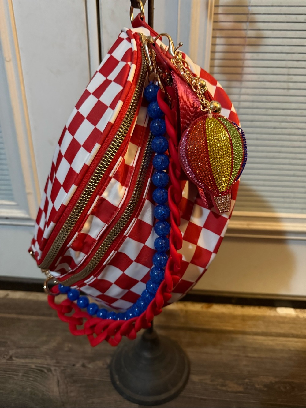 Red & White Checkered Crossbody Bag with Beaded Strap
